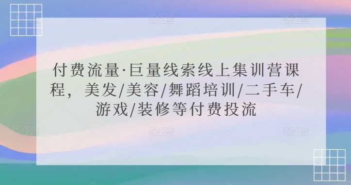 付费流量·巨量线索线上集训营课程，美发/美容/舞蹈培训/二手车/游戏/装修等付费投流-91网创